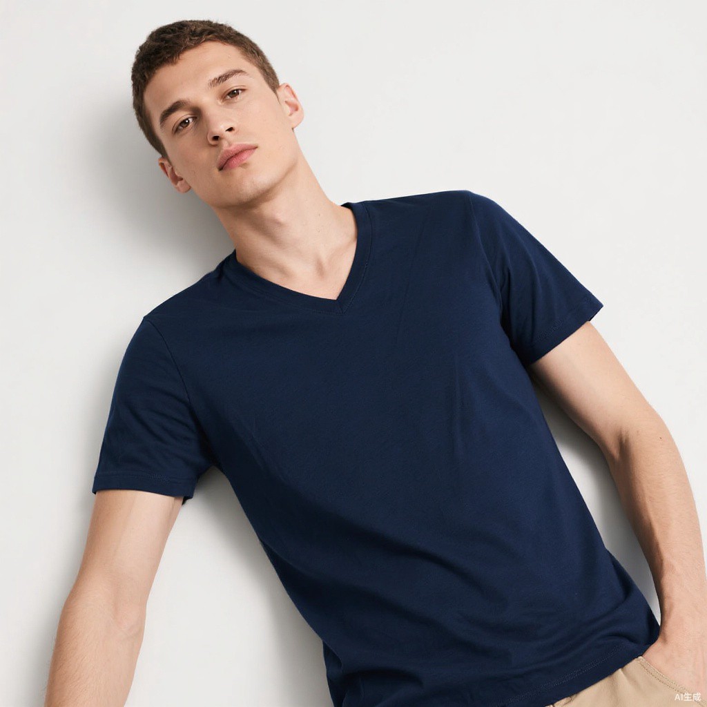 Men's v-neck t shirt navy cotton